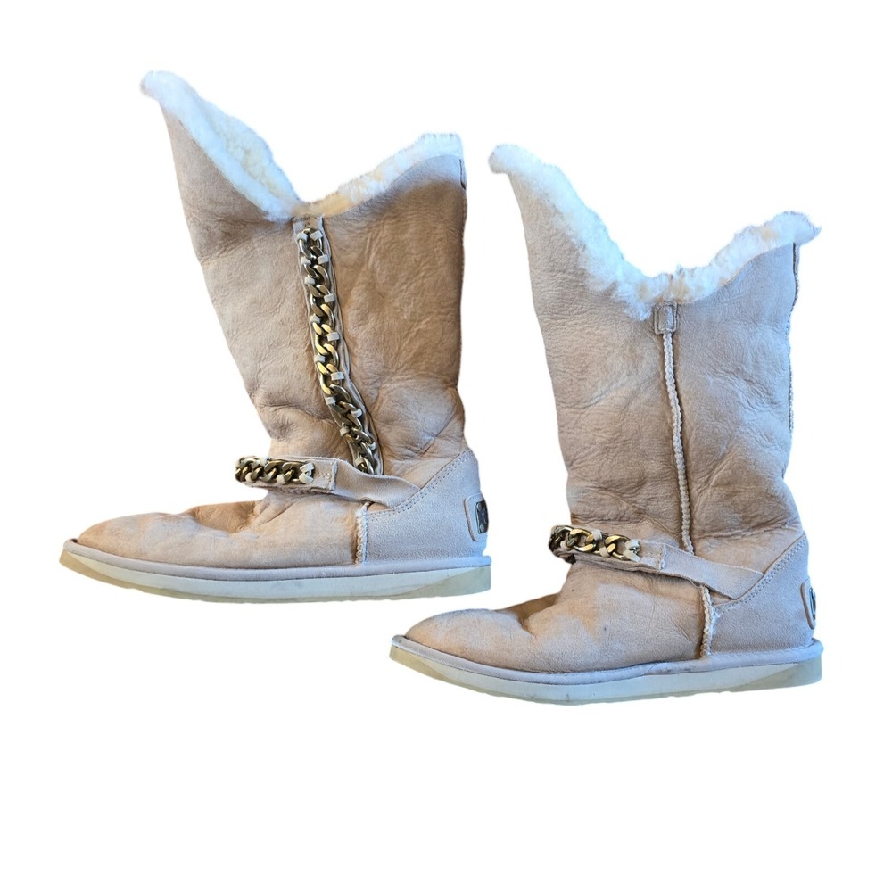 Australia Luxe Maverick Boots Womens US 10 Suede Sand Gold Chain Trim Sheepskin